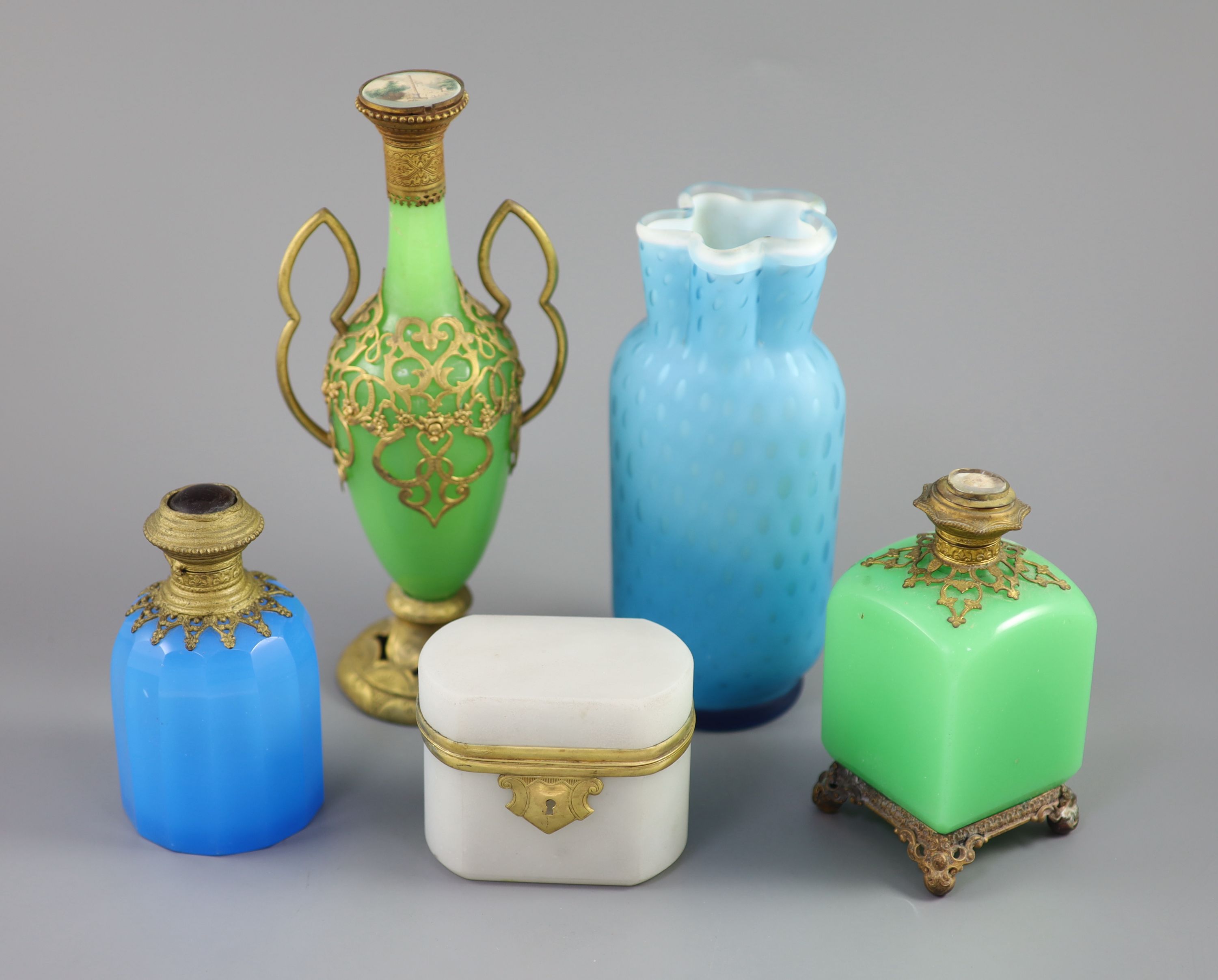 A group of French coloured opaline glass with gilt metal mounts and a satin glass vase, tallest 23.5cm